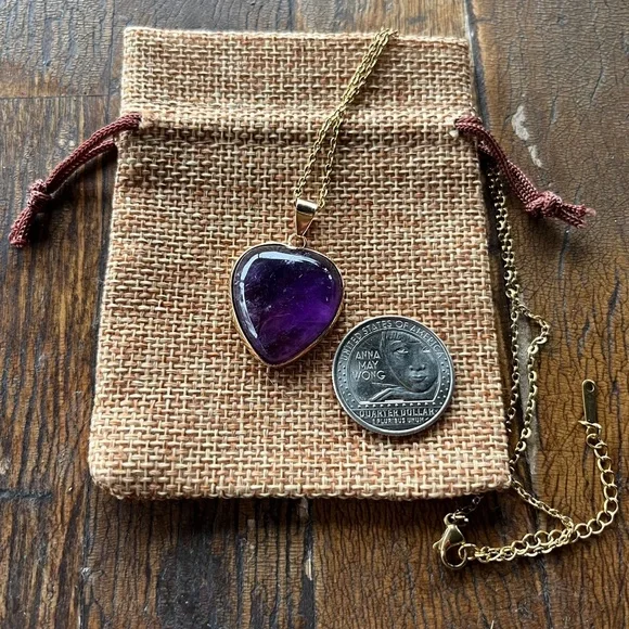 Amethyst Heart Necklace Amethyst Pendant Crystal Heart Necklace Genuine Amethyst - Picture 2 of 3
